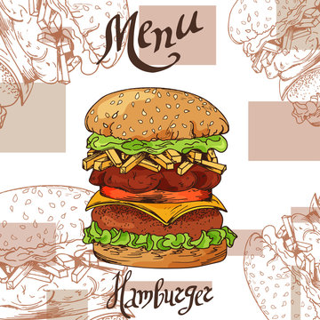 Fast food poster with hamburger. Hand draw retro illustration. Vintage burger design. Template