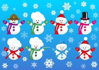 Set of cute snowmen wearing different hats and scarfs. Vector isolated on gradient blue background with snowflakes. Collection for page and web decor or other design.