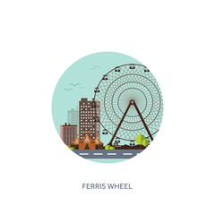 Vector illustration. Ferris wheel. Summer carnival. Funfair background. Circus park. Roller coaster