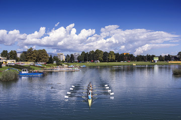 Young people Training rowing on the lake Jarun
