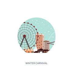 Vector illustration. Ferris wheel. Winter carnival. Christmas, new year. Park with snow. Roller coaster