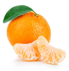 Ripe mandarin with leaf close-up on a white background. Tangerine orange with leaf on a white background. © bestphotostudio