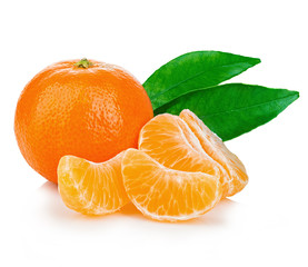 Ripe mandarin with leaves close-up on a white background.