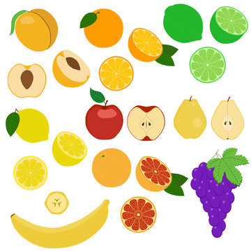 Set of fruits and fruit slices. Isolated objects on a white background. 