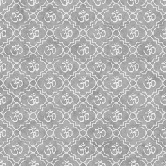 Gray and White Aum Hindu Symbol Tile Pattern Repeat Background