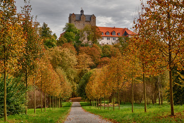 Obraz premium Schlosspark Ballenstedt mit Blick auf das Schloss im Herbst