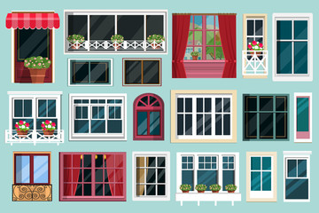 Set of detailed various colorful windows with windowsills, curtains, flowers, balconies. Flat style vector illustration
