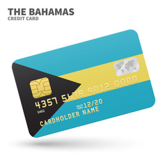 Credit card with Bahamas flag background for bank, presentations and business. Isolated on white