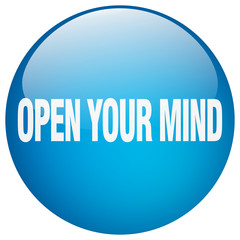 open your mind blue round gel isolated push button