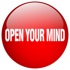 open your mind red round gel isolated push button