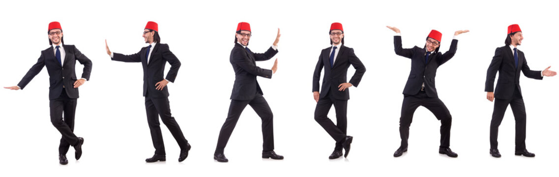 Man wearing fez hat isolated on white