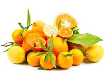orange fruit , fresh tangerines oranges and citrus isolated on w