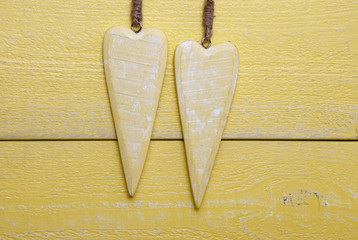Two Hearts With Copy Space, Yellow Wooden Background