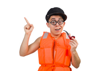 Funny man wearing orange safety vest