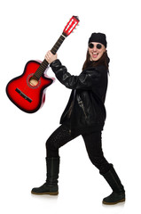 Young guitar player isolated on the white