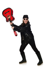 Young guitar player isolated on the white