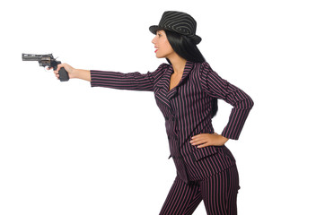 Gangster woman with gun isolated on white