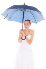 Bride woman hiding taking cover under umbrella