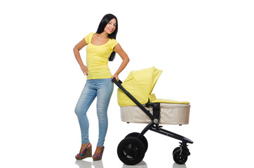 Woman with baby and pram isolated on white