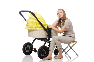 Woman with pram isolated on white