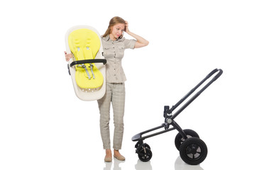 Woman with pram isolated on white
