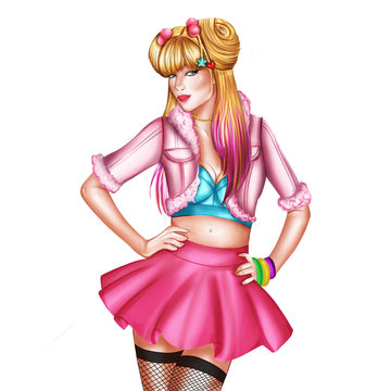 Hand Drawn Fashion Illustration - Blonde pretty girl wearing Pink skirt 