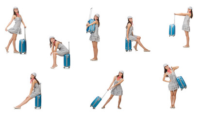 Fototapeta na wymiar Travelling woman with suitcase isolated on white