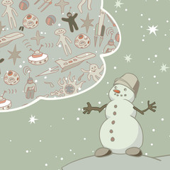 Joyful Snowman dreams of space travel. Vintage greeting card.