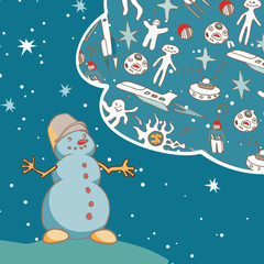 Joyful Snowman dreams of space travel. Vintage greeting card.