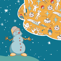 Joyful Snowman dreams of space travel. Vintage greeting card.