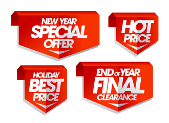 New year special offer, hot price, holiday best price, end of year final clearance sale tags.