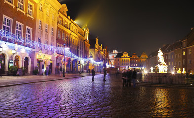 night lights of the city on Christmas night in Poznan