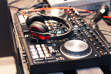 DJ equipment, headphones, microphones, vinyl
