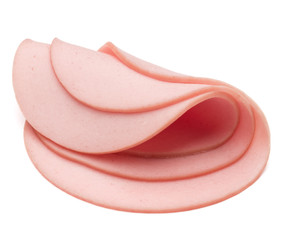 cooked boiled ham sausage or rolled bologna slices isolated on w - obrazy, fototapety, plakaty