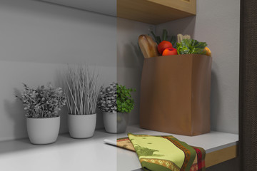  3d render of kitchen with accessories. Visualization without shaders and textures