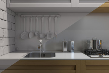  3d render of kitchen with accessories. Visualization without shaders and textures