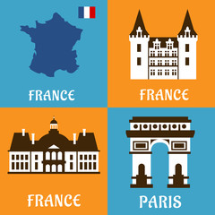 French landmarks and travel flat icons
