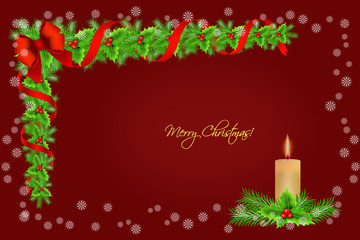 Christmas holly border decoration with candle and snowflakes over red background, greeting card