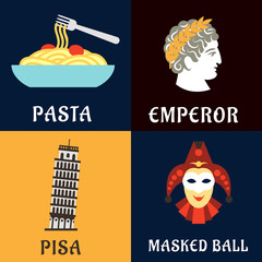 Italian culture, history and cuisine flat icons
