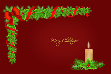 Christmas holly border decoration with candle over red background, greeting card