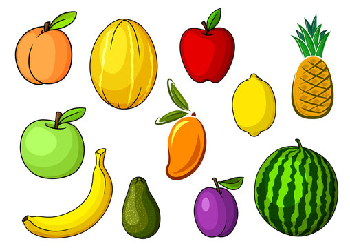 Farm colorful sweet fruits in cartoon style