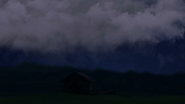 Huge lightning bolts strike above lone country house in valley, storm with sound. Flashes of light illuminate dark sky, clouds in the wind. Disastrous thunderstorm causes severe damage to farmers home