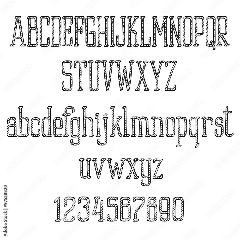 Poster Retro font alphabet and numbers in sketch style