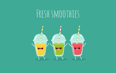 Fruit smoothies in plastic cups. Vector illustration - 97529045