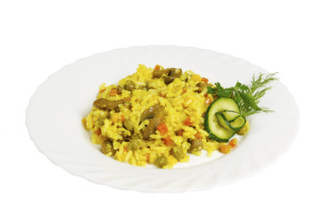 Pilaf with mushrooms on the plate, isolated