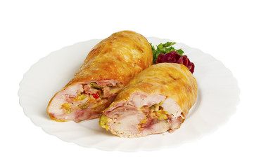 Rolls of chicken on the plate, isolated