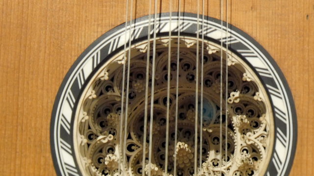 The beautiful design on the hole of the guitar. Its a flower swirling desing in white color