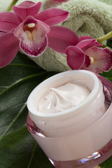 Fototapeta na wymiar Face Cream and Pink Orchid
