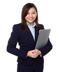 Asian Young Businesswoman hold with laptop computer