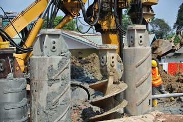 Bore pile rig auger at the construction site 